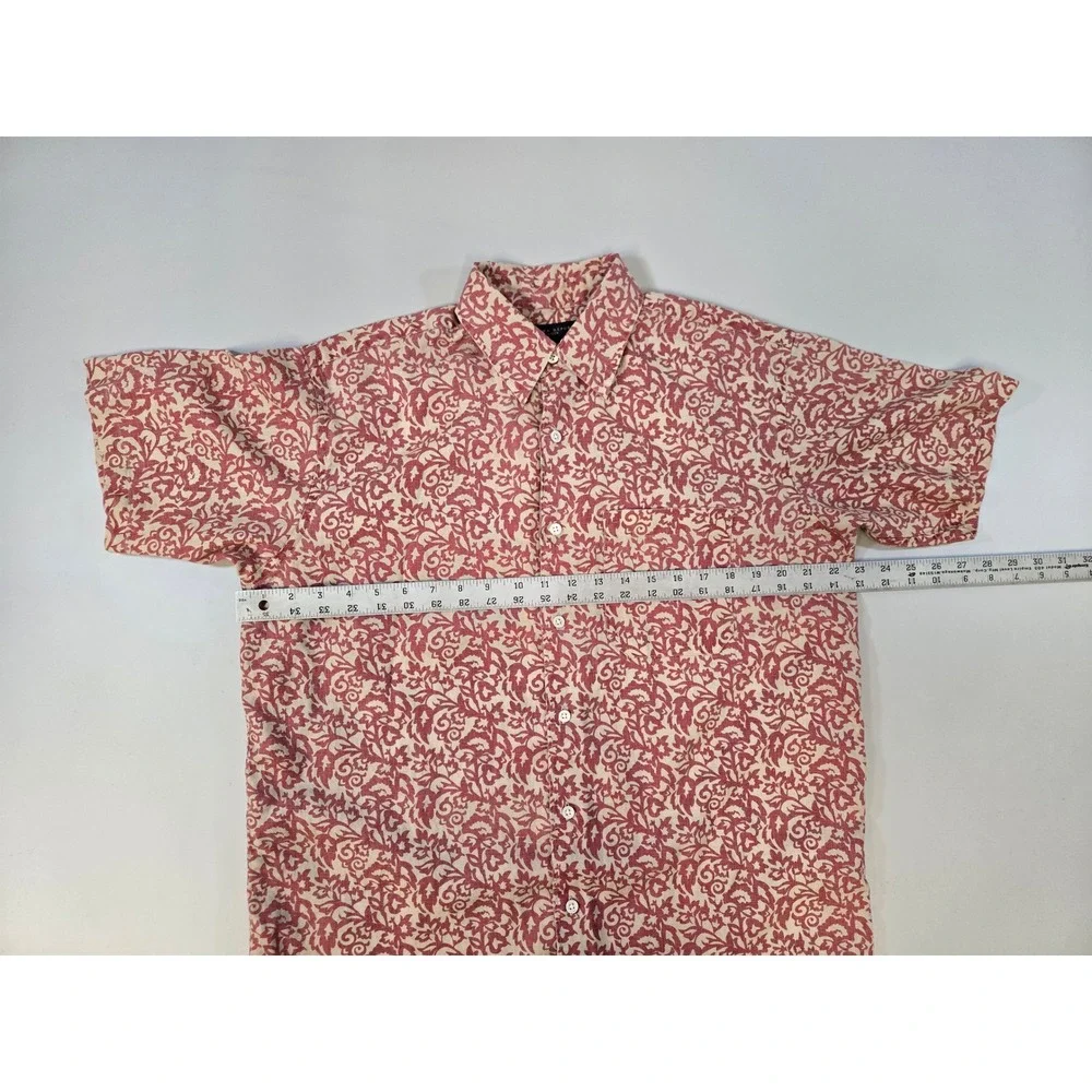 Banana Republic Mens Small Red Cream Damask Scroll Print‎ 100% Linen SS Shirt